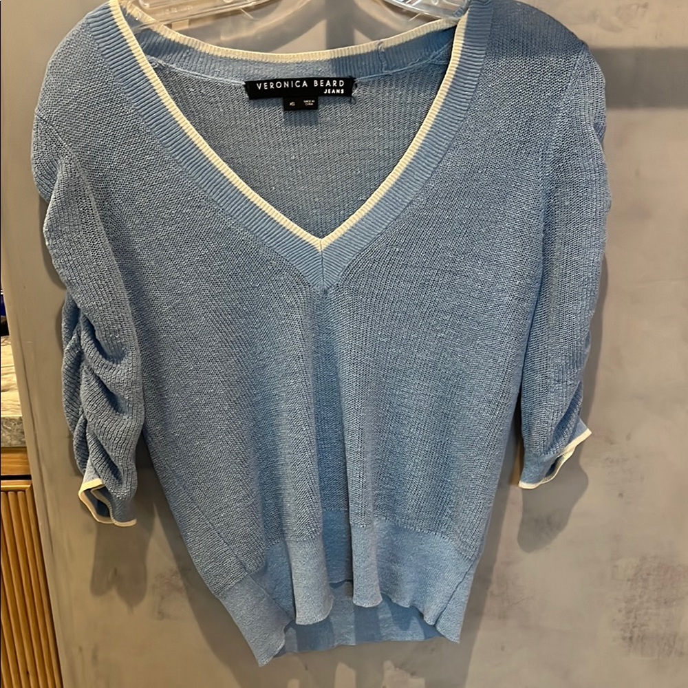 Veronica Beard V-Neck Blue Sweater with Ruched Sleeves